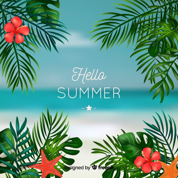 Realistic tropical hello summer background