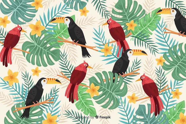 Realistic tropical leaves and birds background