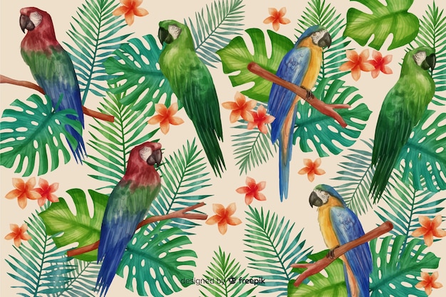 Realistic tropical leaves and birds background