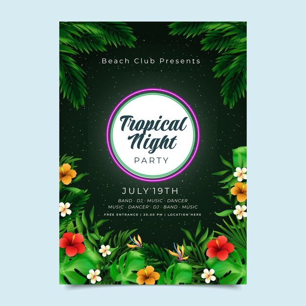 Realistic tropical night party flyer