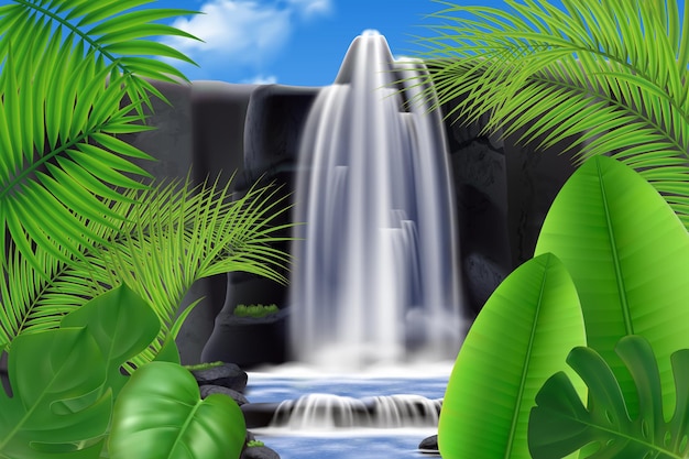 Free Vector realistic tropical waterfall with leaves illustration