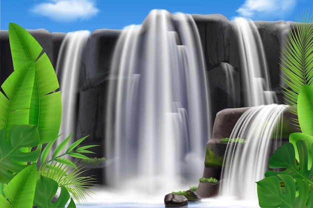 Free Vector realistic tropical waterfall with leaves illustration