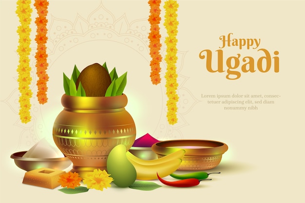 Realistic ugadi banner with fruits and offerings