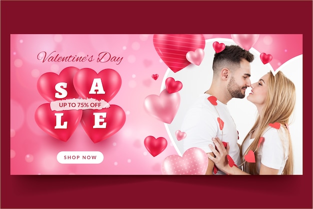 Realistic valentine's day sale horizontal banner