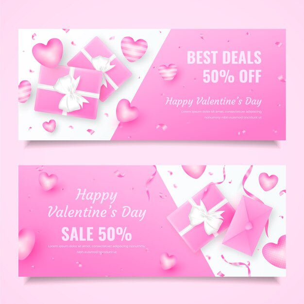 Realistic valentine's day sale horizontal banners set