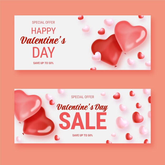 Realistic valentine's day sale horizontal banners set