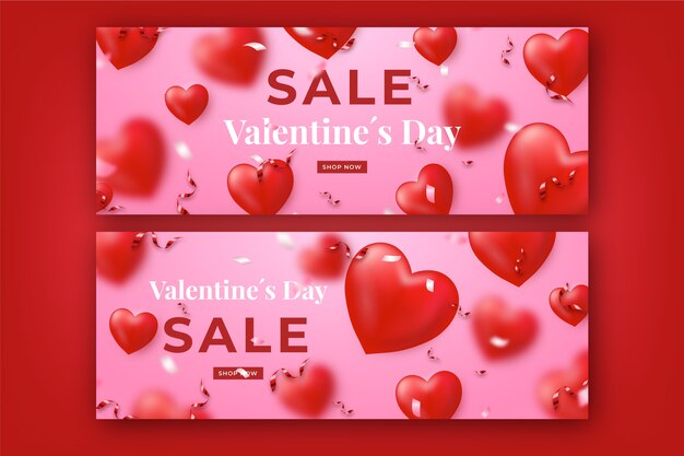 Realistic valentines day sale horizontal banners set