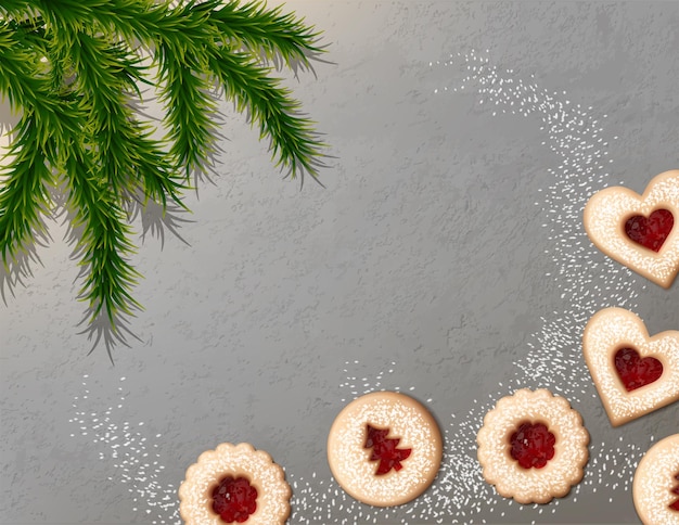 realistic vector background Gray table with fir three and butter linzer cookies Festive background with copy space