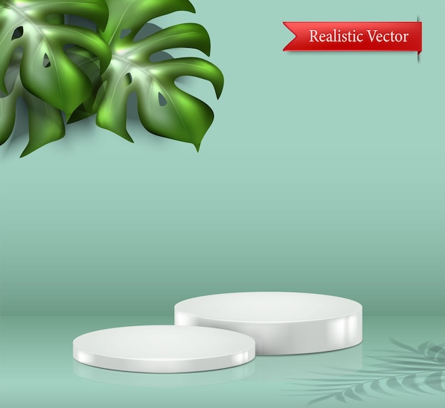 Free Vector realistic vector background product display white podium cosmetic product showcase with tropical leaves