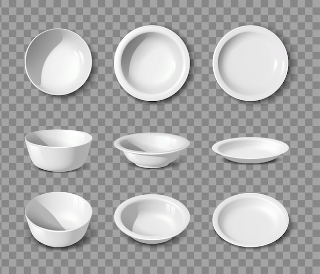 realistic vector collection White porcelain set of dishes plates and bowls in side front and top view