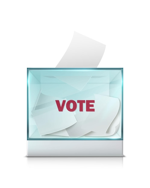 Free Vector realistic vector icon. ballot box made of glass and hand putting voting paper inside. election conc