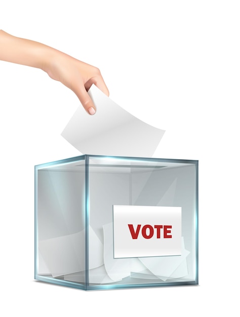 Free Vector realistic vector icon. ballot box made of glass and hand putting voting paper inside. election conce