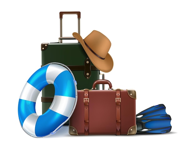 Free Vector realistic vector icon illustration travel time design concept elements with luggage hat snork