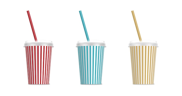 Free vector realistic vector icon. plastic destosable colorful set of cups with straws. isolated on white backgr