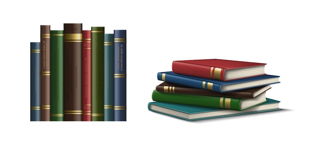 Free Vector realistic vector icon set book covers in the row and books stack on the surface isolated on whi