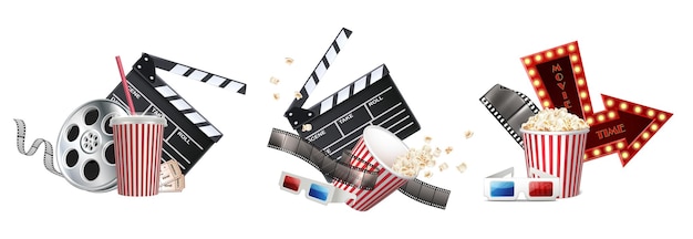 Free Vector realistic vector icon set cinema concept movie time with popcorn tape glasses clapperboar