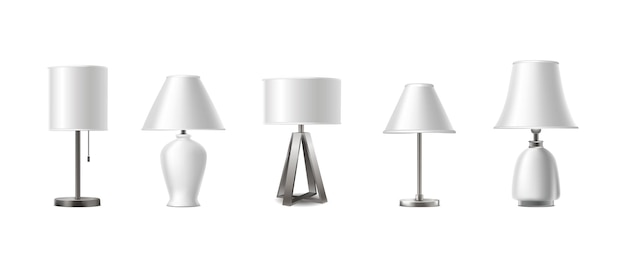 Realistic vector icon set Collection of table lamps in different shapes Isolated on white backgro