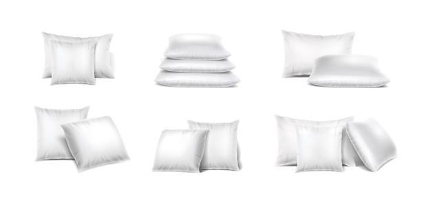 realistic vector icon set Colllection of white pillows in stack in different orientation Mock up icon