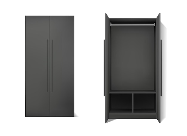 realistic vector icon set Dark dress cupboard with two doors open and closed Isolated on white