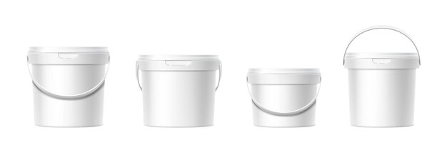 realistic vector icon set Different shapes white plastic bucket with lid Front view