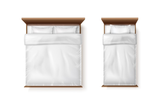 Free Vector realistic vector icon set single and double bed with white bedsheets duvet and two pillows