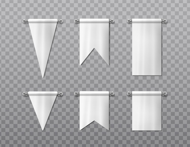 Free Vector realistic vector icon set white mockup hanging pennant in different shapes hanging banner flag