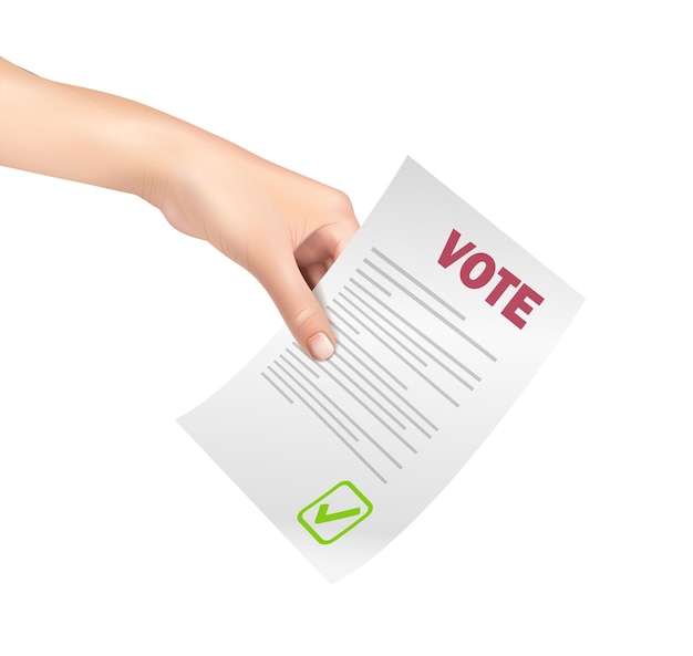 Free Vector realistic vector icon. voting or elections concept. human hand holding paper, vote ballot.