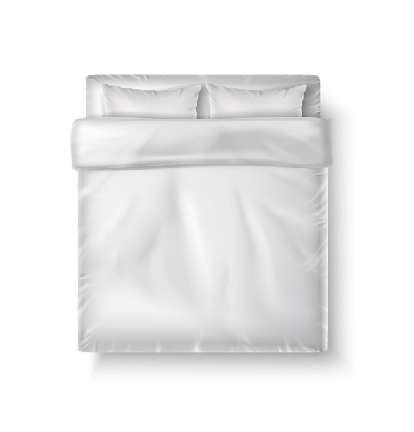 realistic vector icon White bedsheets top view of king size bed with two pillows and duvet