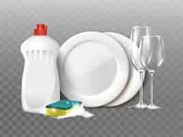 Free vector realistic vector illustration dish washing liquid sponge and dishes with glasses isolated