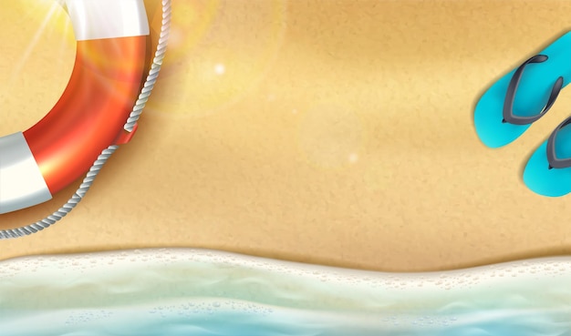 Free Vector realistic vector illustration summer background top view sand beach with waves and sun flare