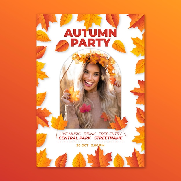 Realistic vertical autumn poster template with photo