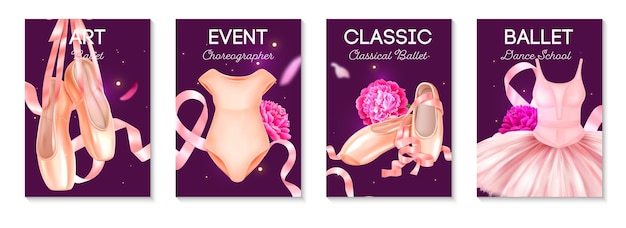 Free Vector realistic vertical poster set with classical ballet clothing shoes and pink ribbons isolated vector illustration