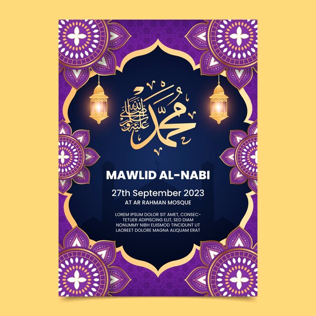 Realistic vertical poster template for mawlid al-nabi celebration