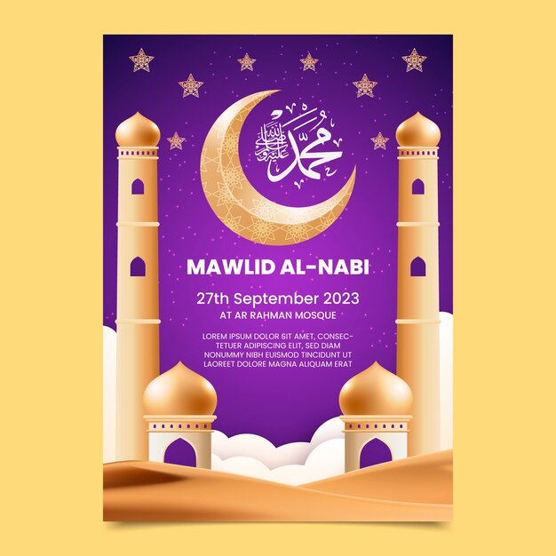 Realistic vertical poster template for mawlid al-nabi celebration