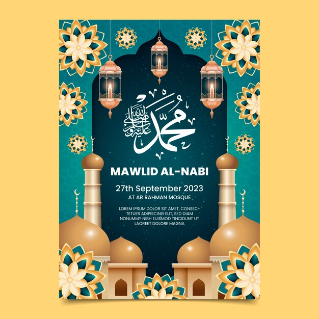 Realistic vertical poster template for mawlid al-nabi celebration