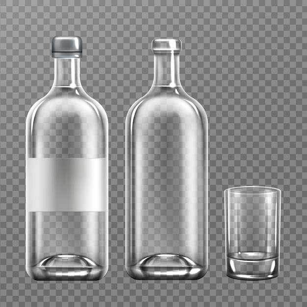 Realistic vodka glass bottle with glass