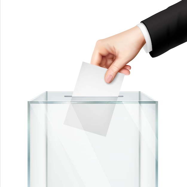 Free Vector realistic voting concept with hand putting vote paper in the ballot box 