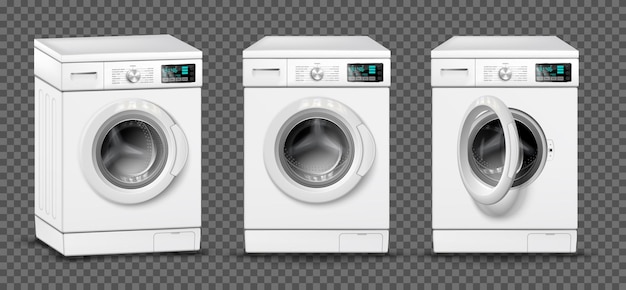 Free Vector realistic washing machine set with transparent background and isolated views of laundry machine with different angles vector illustration