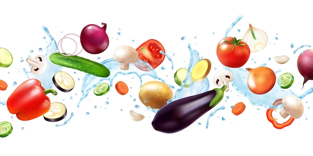 Realistic water splash vegetables horizontal composition with flying images of whole fruits and slices with drops