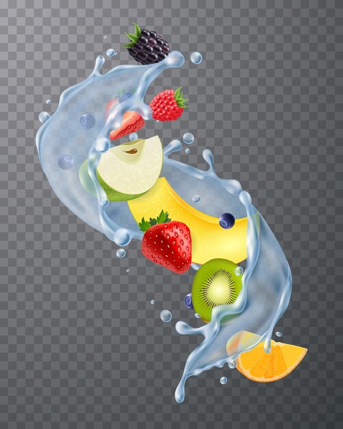 Realistic water splash with fresh strawberries blackberries melon kiwi fruit segments on dark