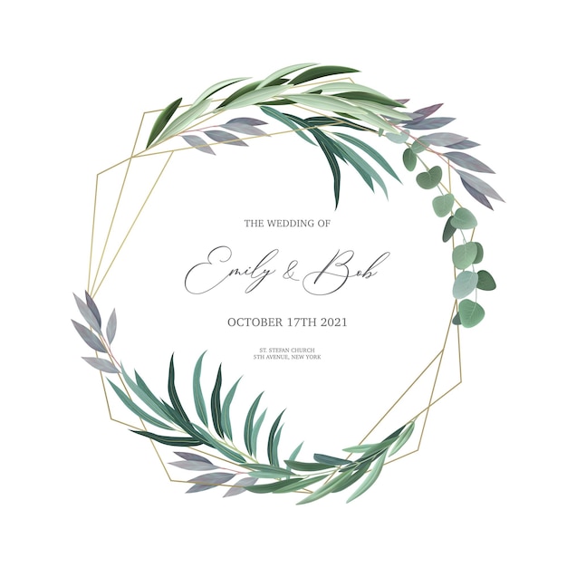 Realistic wedding invitation design frame with eucalyptus leaves and text field  illustration