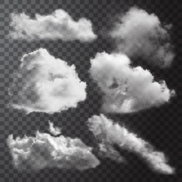 Realistic white clouds icon set with different shapes and sizes