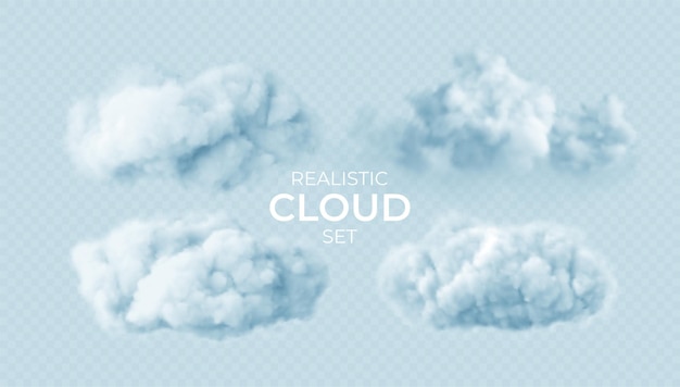 Realistic white fluffy clouds set isolated on transparent