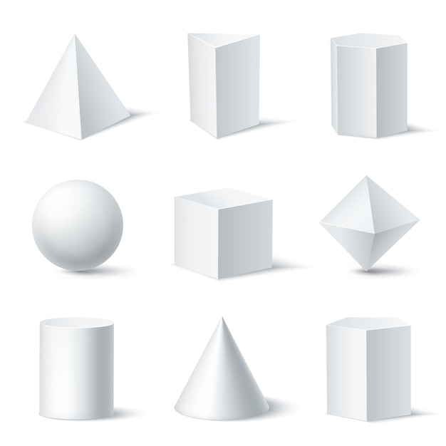 Realistic white geometric shapes set with nine isolated solid body objects on clear background with shadows illustration