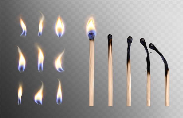 Free Vector realistic whole and burnt wooden matchstick with different flame