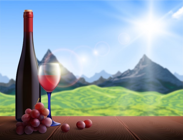 Realistic wine bottle and glass with mountains