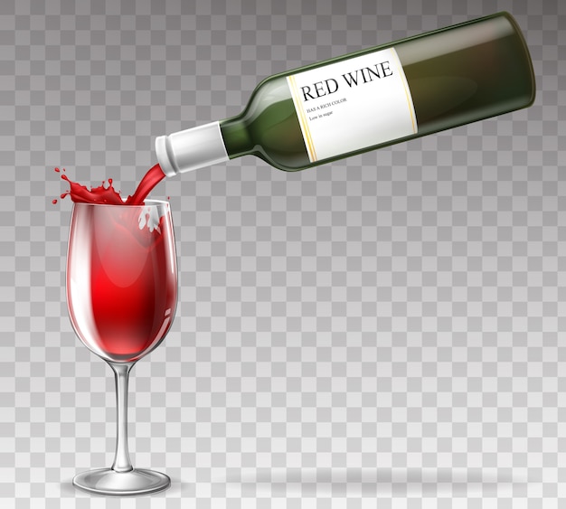 Free Vector realistic wine bottle, splashing in wineglass