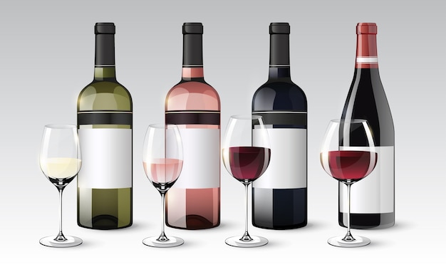 Free vector realistic wine collection of bottles and glasses with white red rose beverages isolated