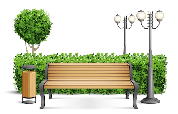 Free Vector realistic wooden park bench composition bench stands by the fence of the pieces in the park area vector illustration