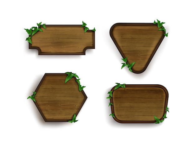 Free Vector realistic wooden signs with green leaves